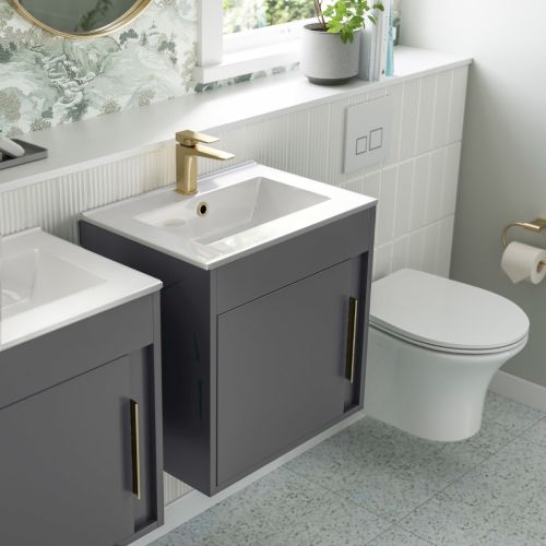 HOREL07 Horizon Catch 500mm Wall Hung Vanity Unit in Matt Grey with Basin and Brushed Brass Handle